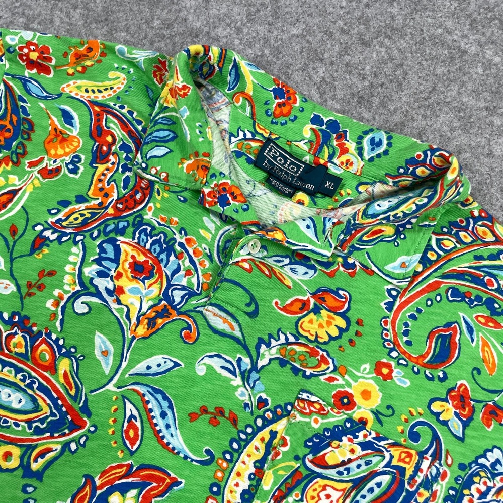 Polo Ralph Lauren Mens Polo Shirt XL Green Paisley Floral Short Sleeve Pocket